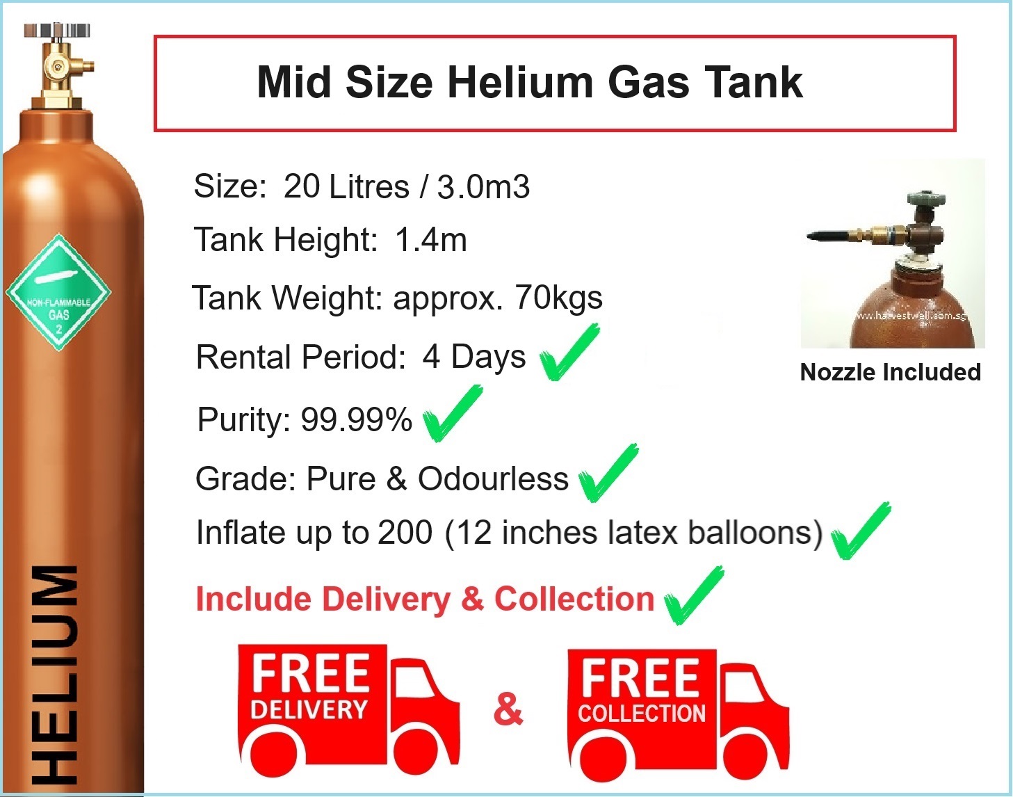 Mid Size Helium Gas Tank Rental with Delivery and Collection